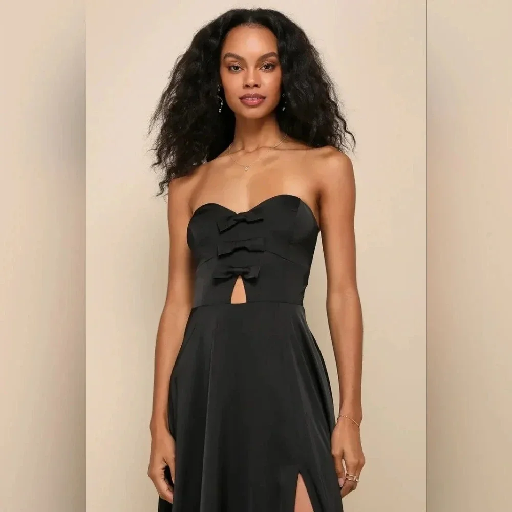 Lulu's Upscale Poise Black Satin Bow Strapless Maxi Dress Wedding Party Guest - Picture 4 of 12